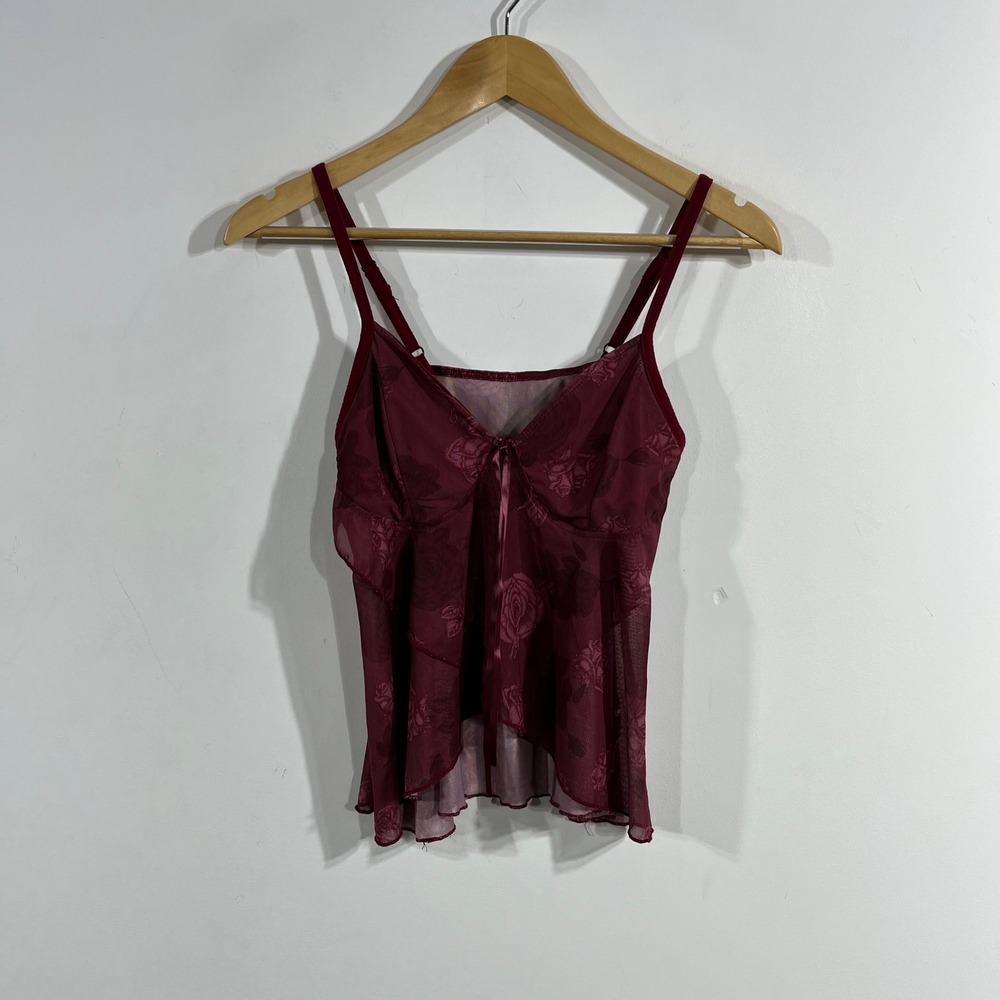 Womens Y2K Babydoll Fairy Grunge Burgundy Floral Mesh Cami Boho Top Sheer Small
